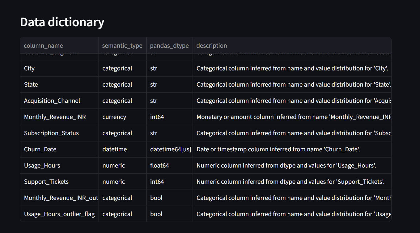 Data dictionary preview for the uploaded dataset