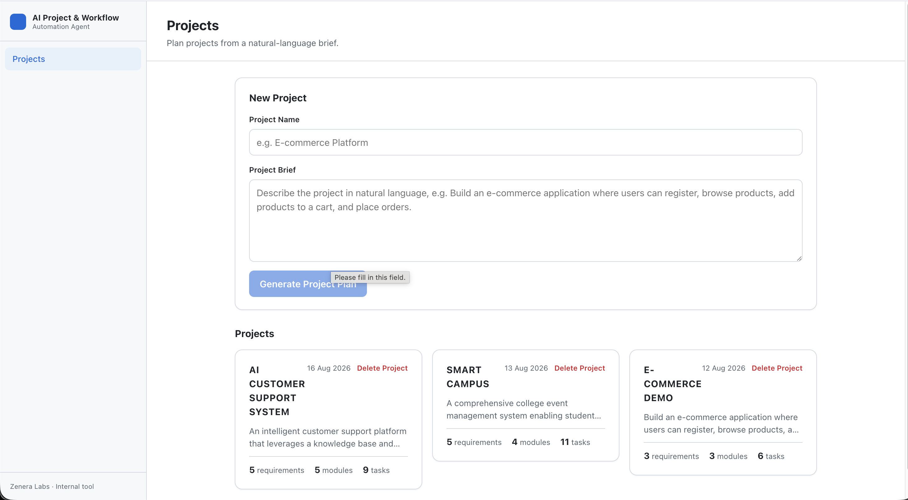 AI project workflow dashboard with statistics cards and plan tabs