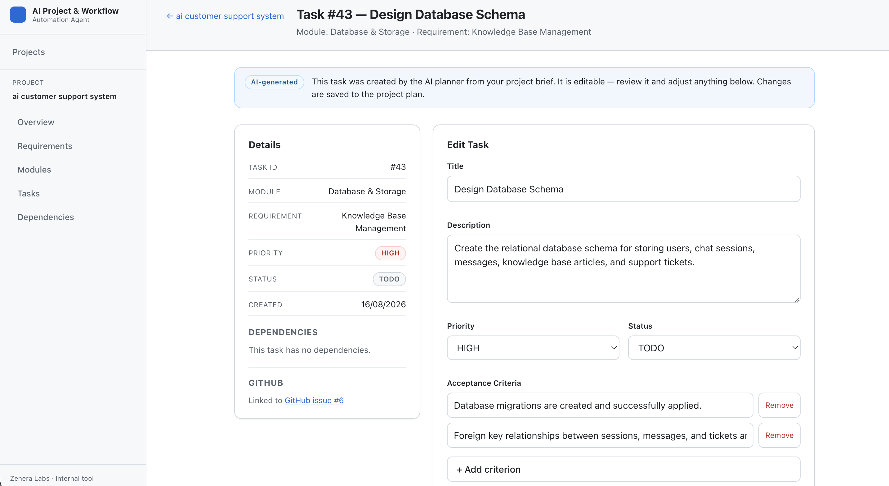 Editing a task and exporting it to a GitHub issue