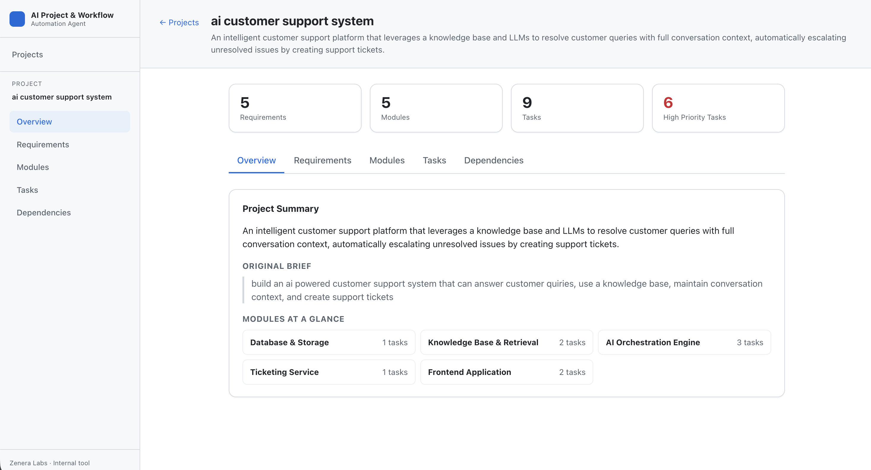 Generated project plan with requirements, modules and tasks