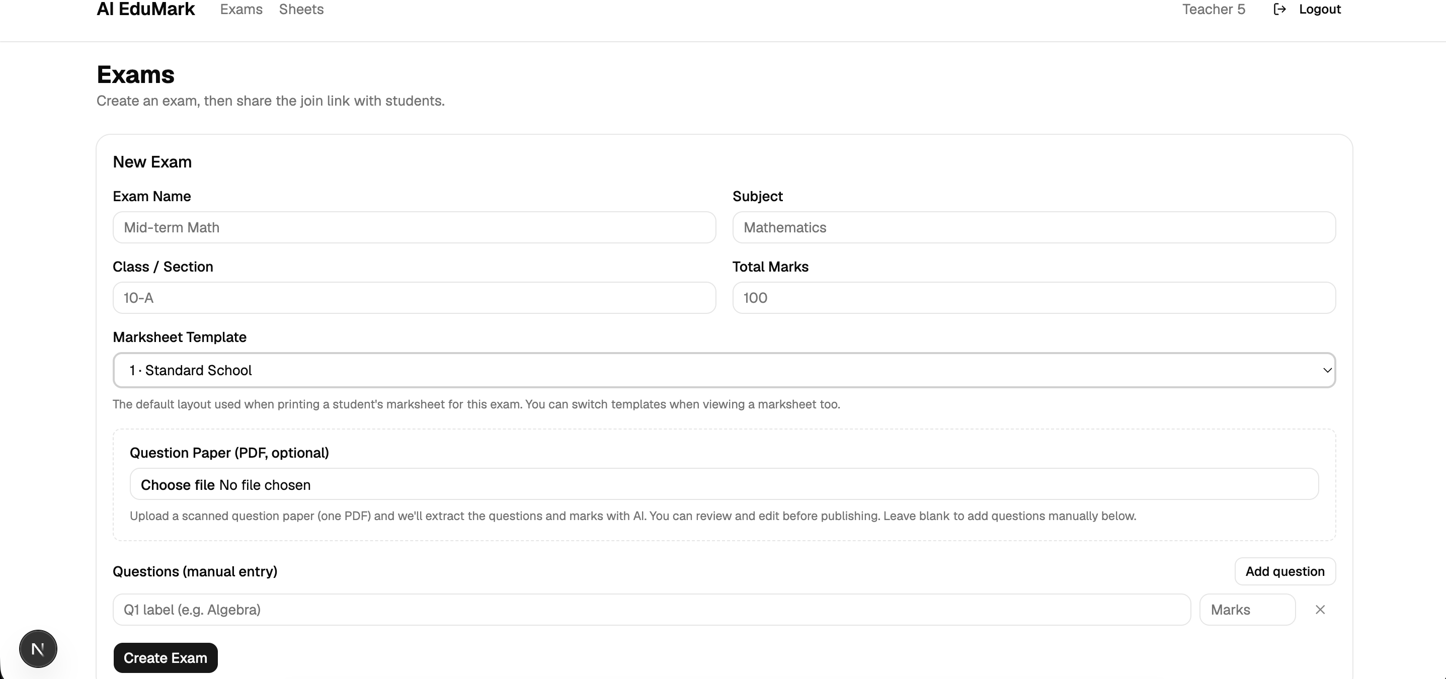 Create new exam page with name, subject, and question fields