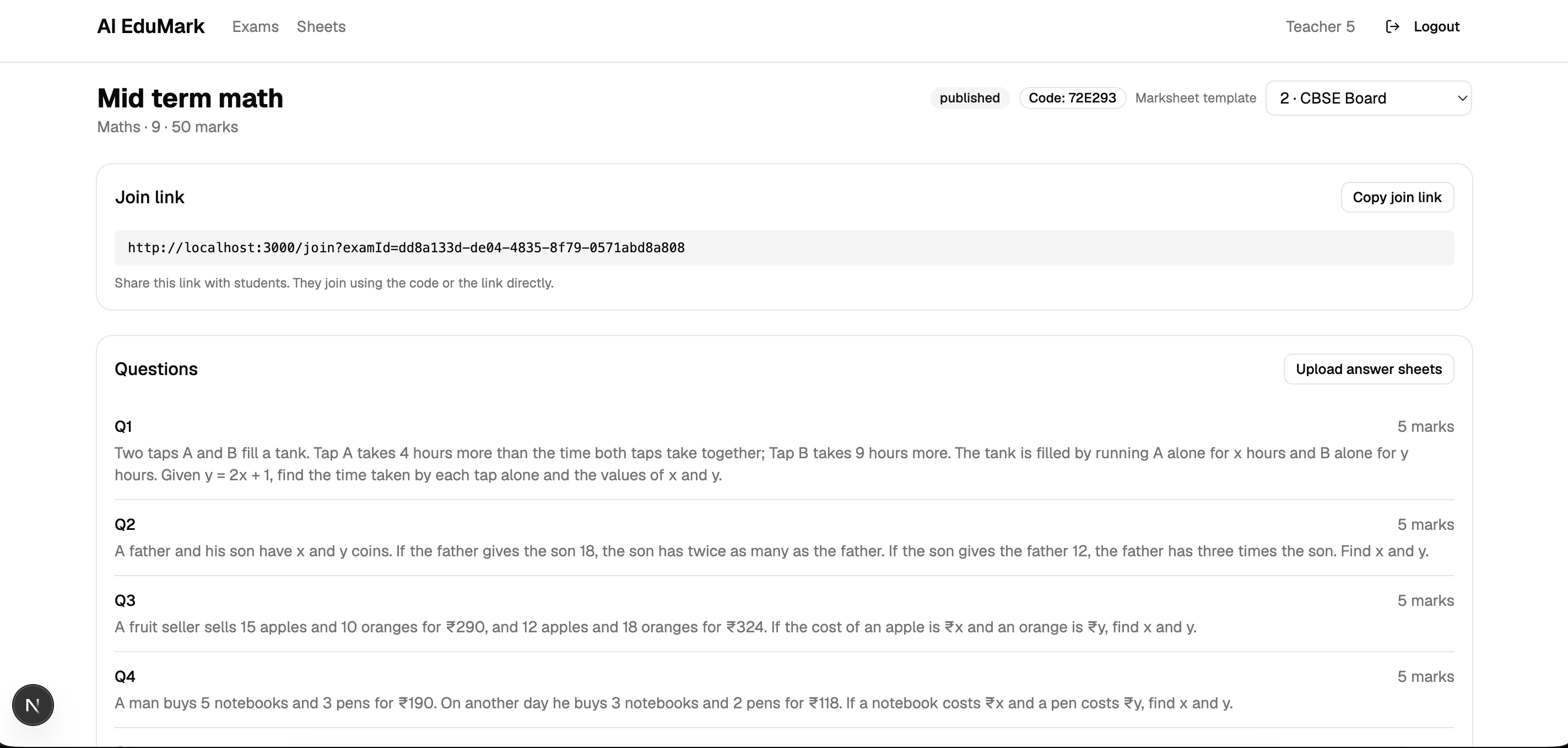 Exam detail screen with join link for students