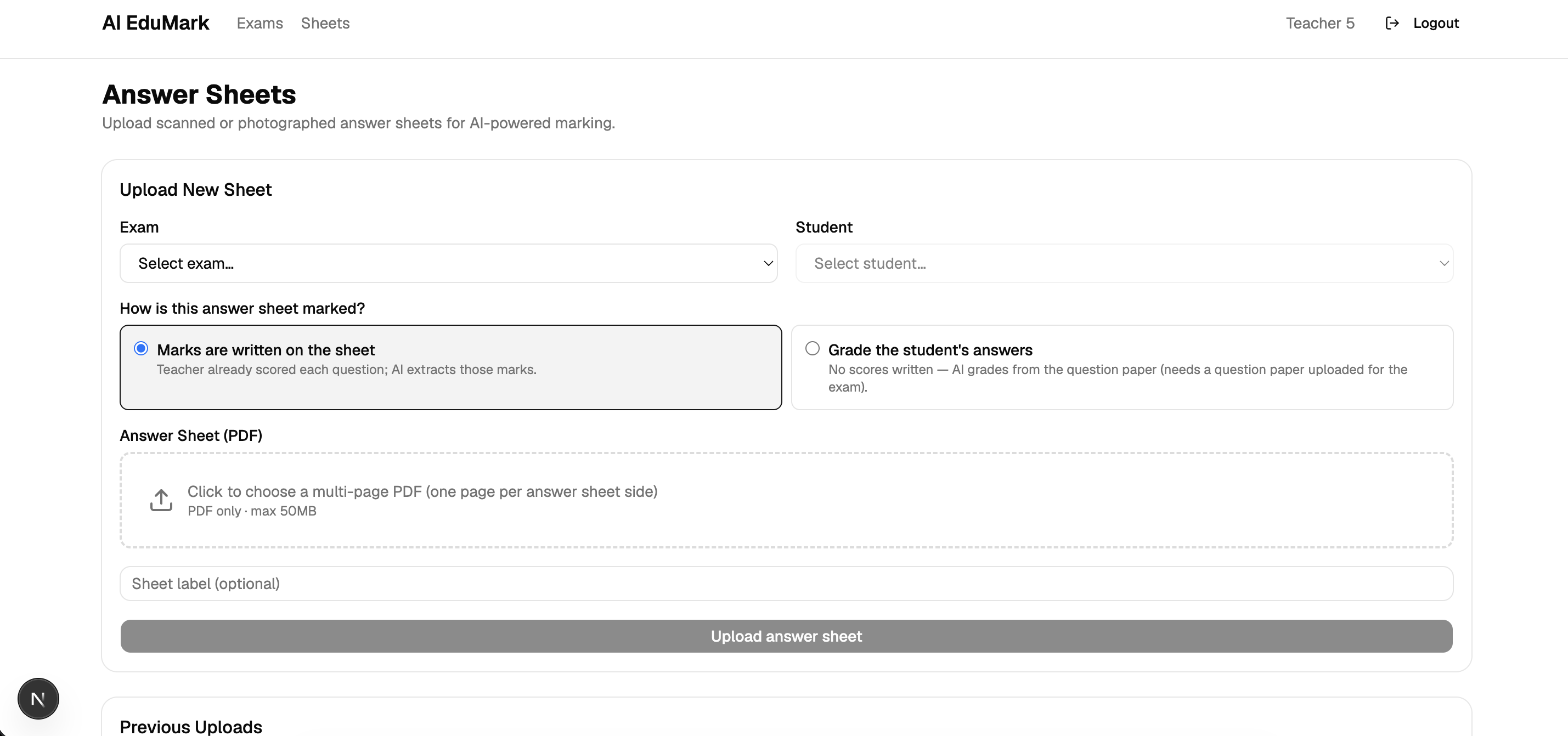 Upload answer sheets page with exam and student selection