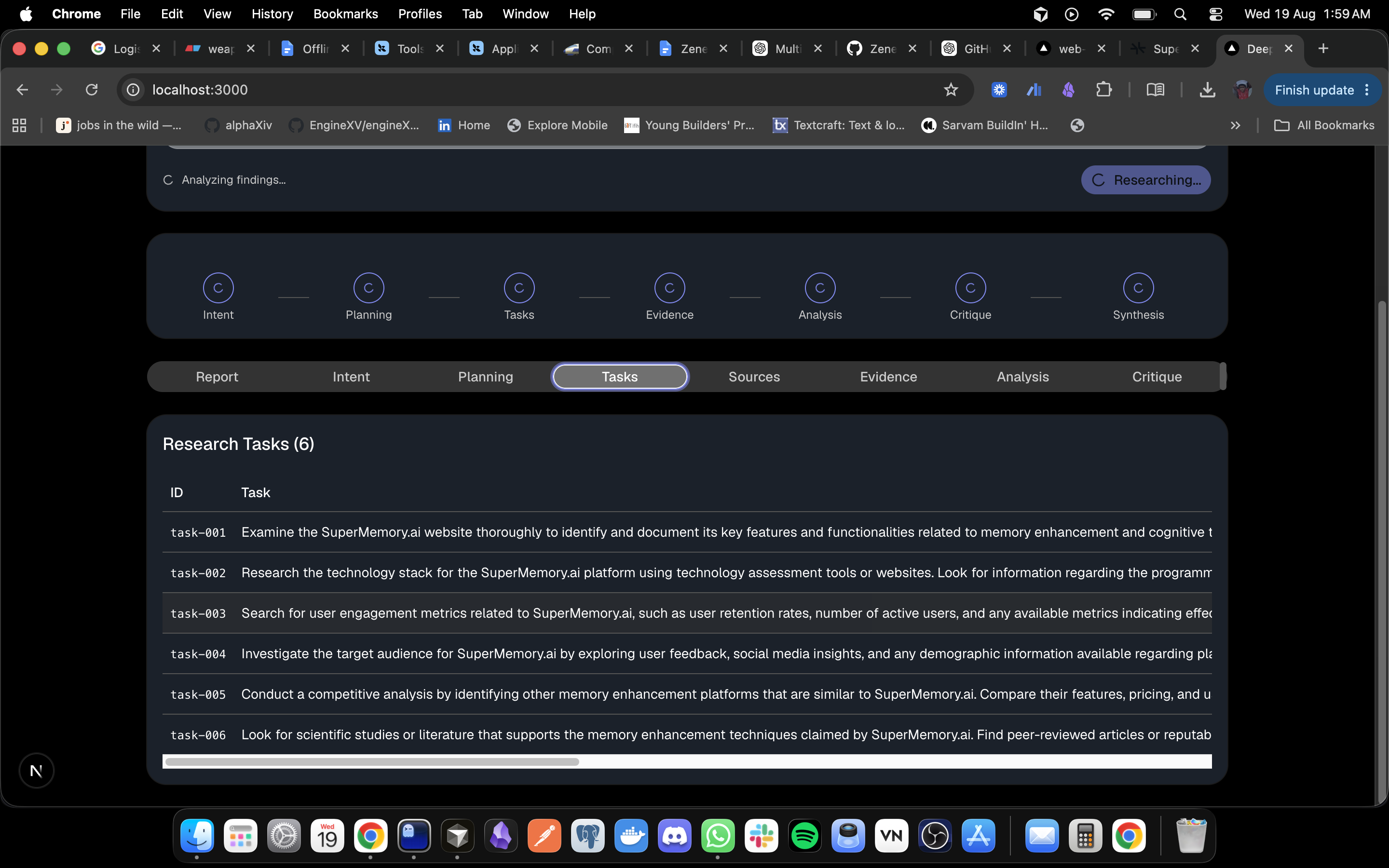 Deep research system — evidence and analysis view